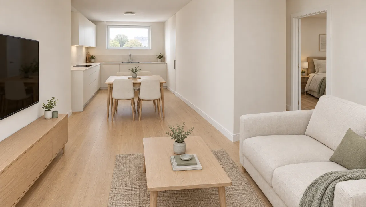 Séjour d'un appartement rendu en photo réaliste à partir d'un plan 2D